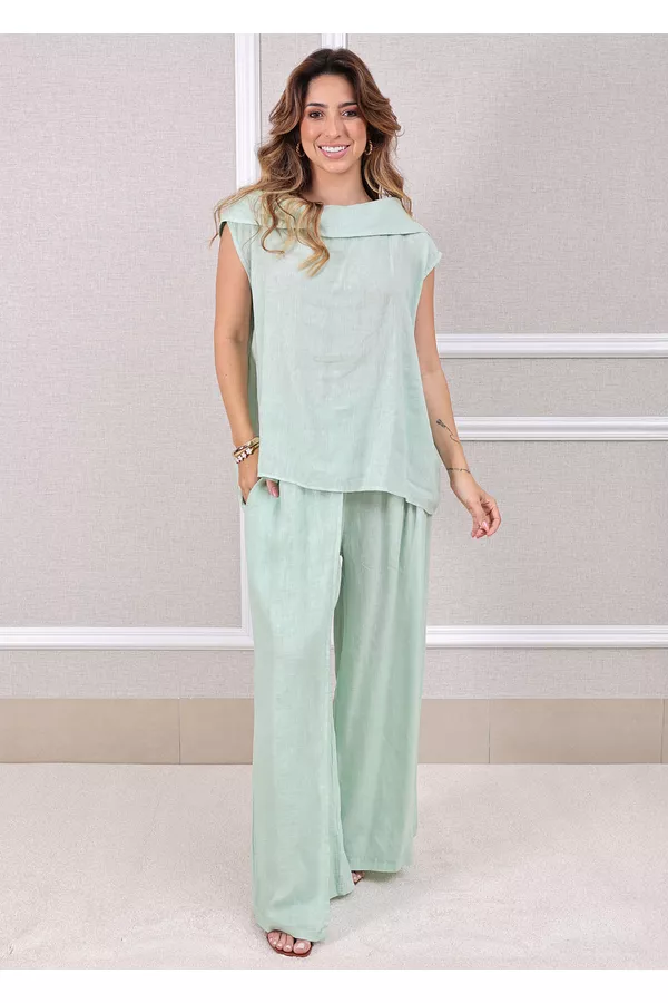 Conjunto Gabriela Linho Italiano Verde Água - Loja Linho Italiano