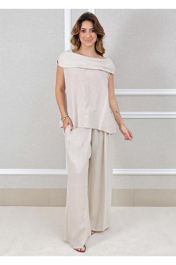 Conjunto Gabriela Linho Italiano Bege - Loja Linho Italiano