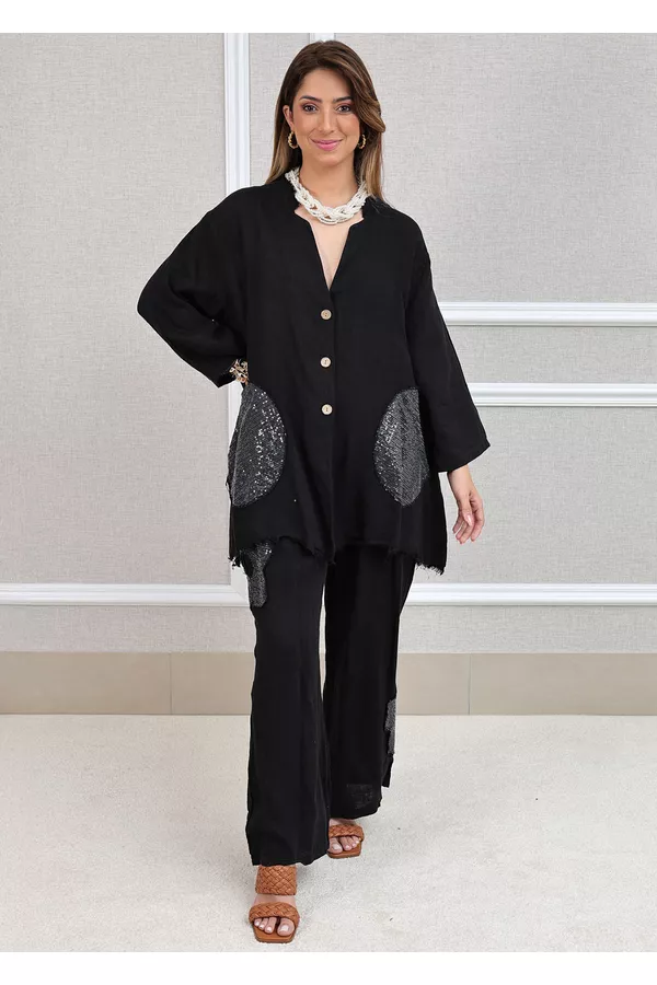 Conjunto Renata Linho Italiano Preto - Loja Linho Italiano