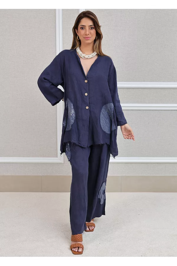 Conjunto Renata Linho Italiano Azul Marinho - Loja Linho Italiano