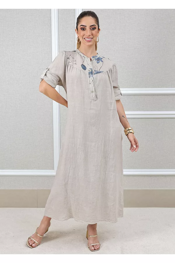 Vestido Glaucia Linho Italiano Bege - Loja Linho Italiano