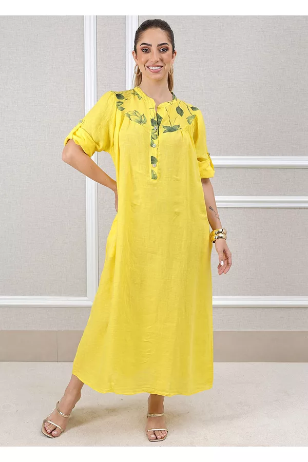 Vestido Glaucia Linho Italiano Amarelo - Loja Linho Italiano