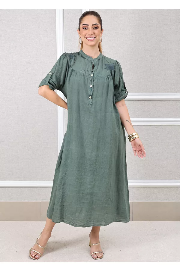 Vestido Glaucia Linho Italiano Verde Militar - Loja Linho Italiano