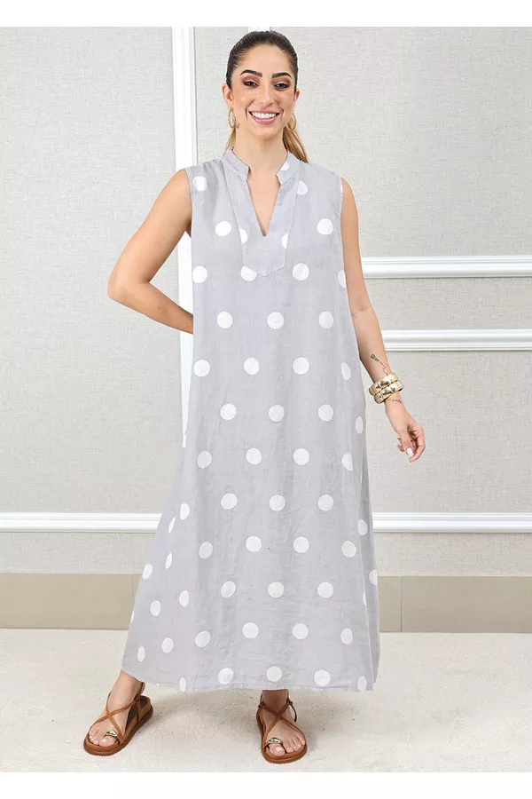 Vestido Laura Linho Italiano Cinza Aperolado - Loja Linho Italiano