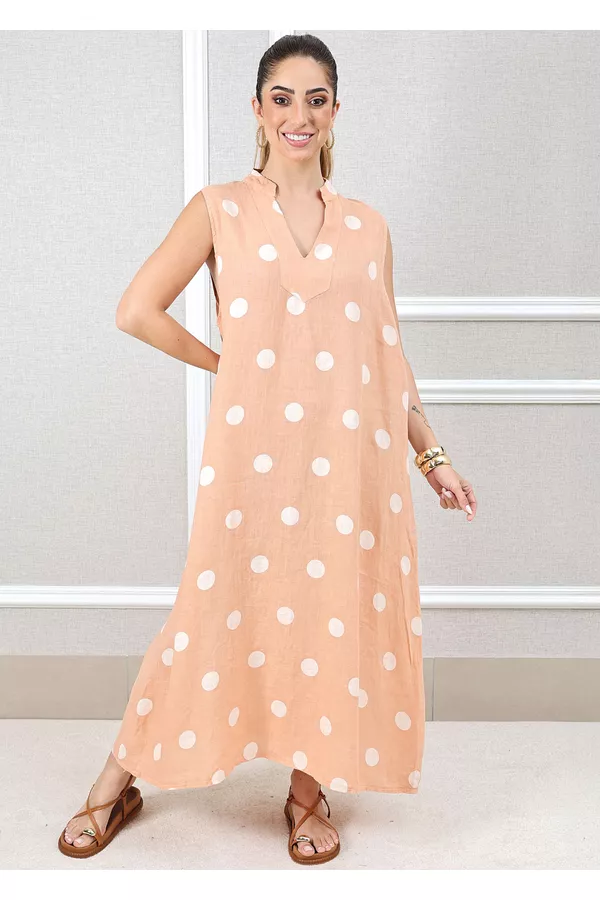 Vestido Laura Linho Italiano Pêssego - Loja Linho Italiano