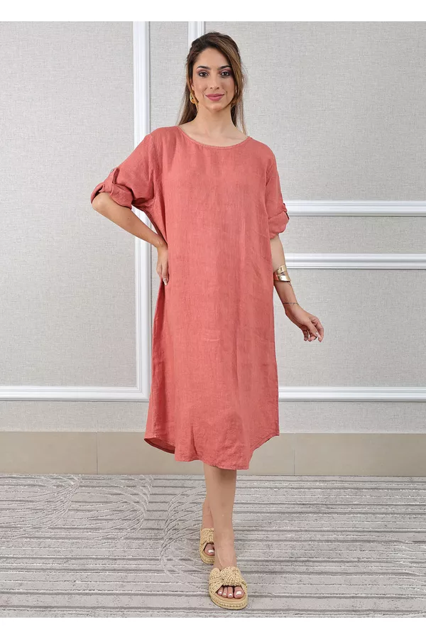 Vestido Flavia Linho Italiano Goiaba . - Loja Linho Italiano