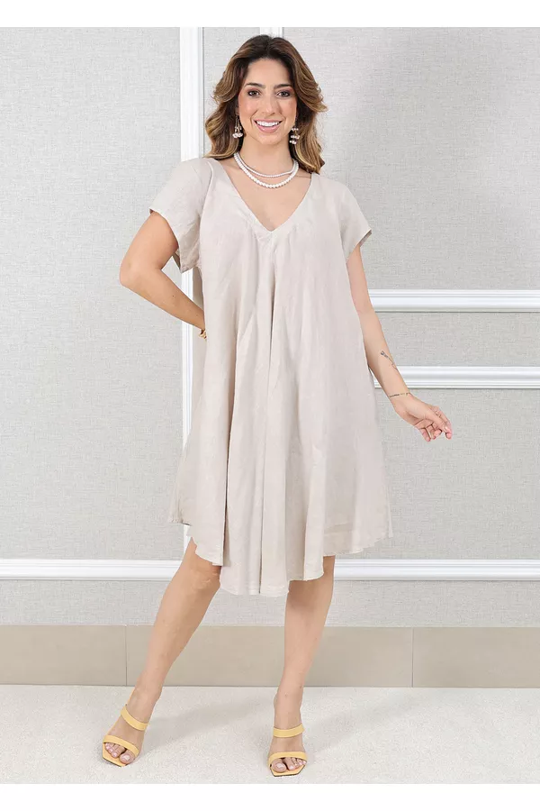 Vestido Aurora Linho Italiano Bege - Loja Linho Italiano
