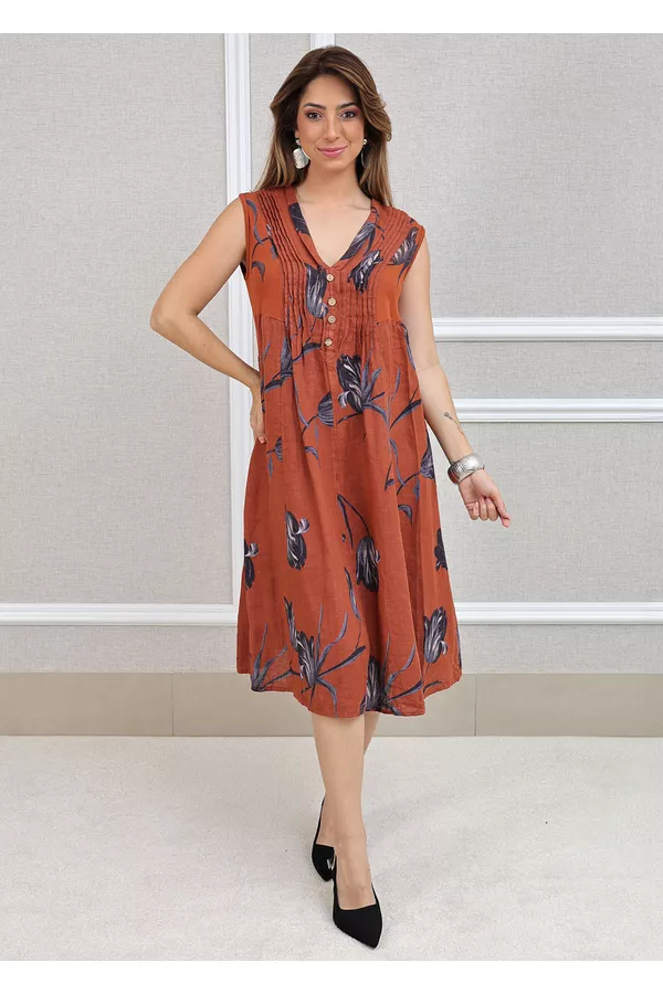 Vestido Manu Linho Italiano Terracota . - Loja Linho Italiano