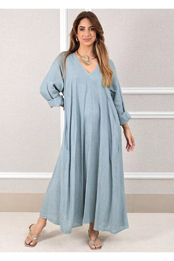 Vestido Regina Linho Italiano Azul Bebe - Loja Linho Italiano