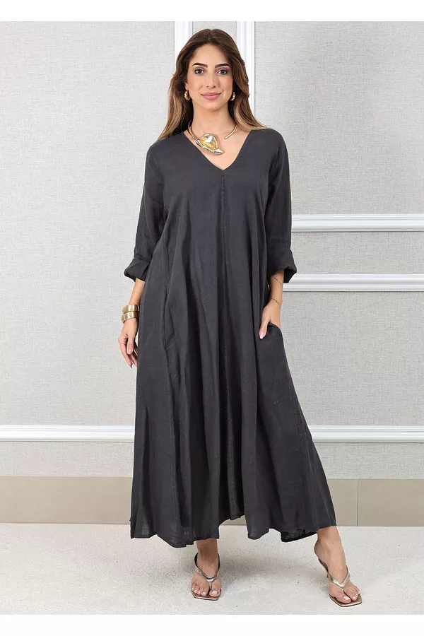 Vestido Regina Linho Italiano Chumbo - Loja Linho Italiano