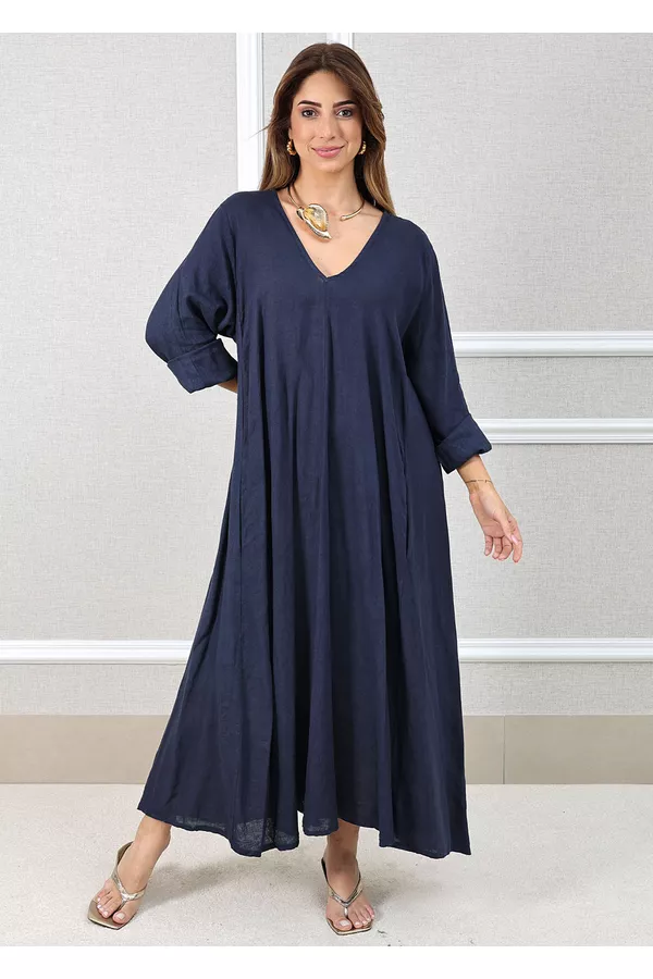 Vestido Regina Linho Italiano Azul Marinho - Loja Linho Italiano