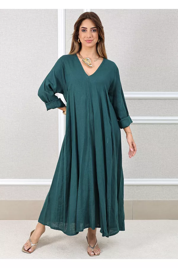 Vestido Regina Linho Italiano Petróleo - Loja Linho Italiano