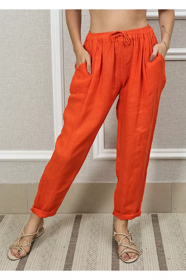 Calça Clássica Linho Italiano Laranja - Loja Linho Italiano
