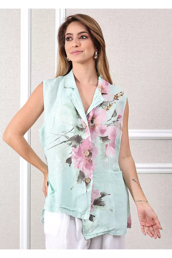 Vestido Luana Linho Italiano Azul Hortênsia . - Loja Linho Italiano