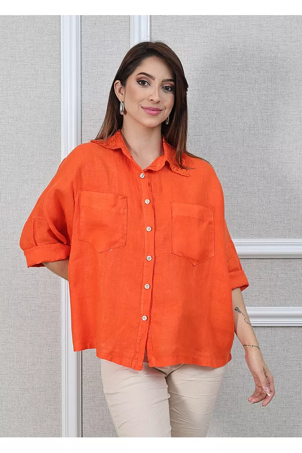 Camisa Carol Linho Italiano Laranja - Loja Linho Italiano