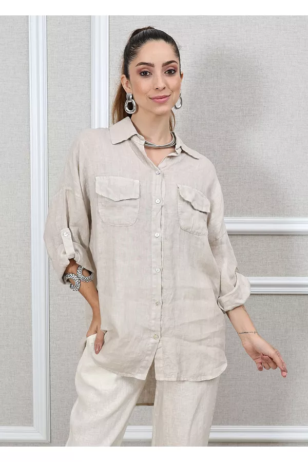 Camisa Clássica Linho Italiano Bege - Loja Linho Italiano