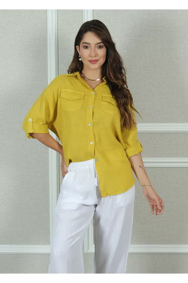 Camisa Clássica Linho Italiano Mostarda - Loja Linho Italiano
