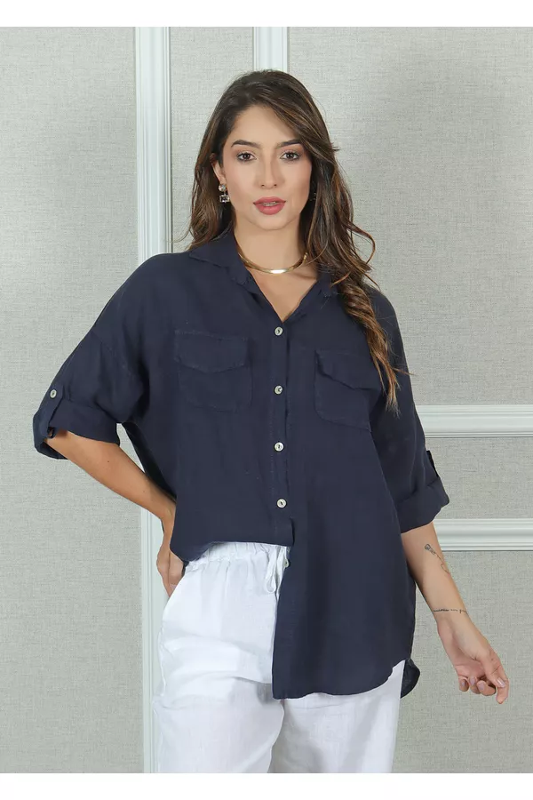 Camisa Clássica Linho Italiano Azul Marinho - Loja Linho Italiano