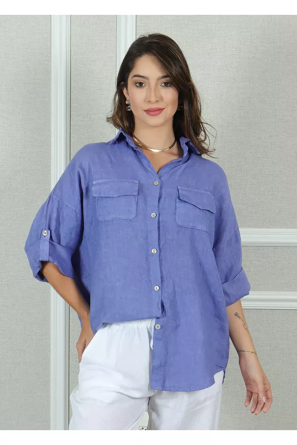 Camisa Clássica Linho Italiano Azul Hortênsia - Loja Linho Italiano