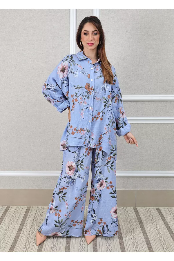 Conjunto Angela Linho Italiano Azul Hortência - Loja Linho Italiano