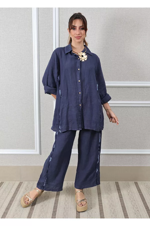 Conjunto Antonia Linho Italiano Azul Marinho - Loja Linho Italiano