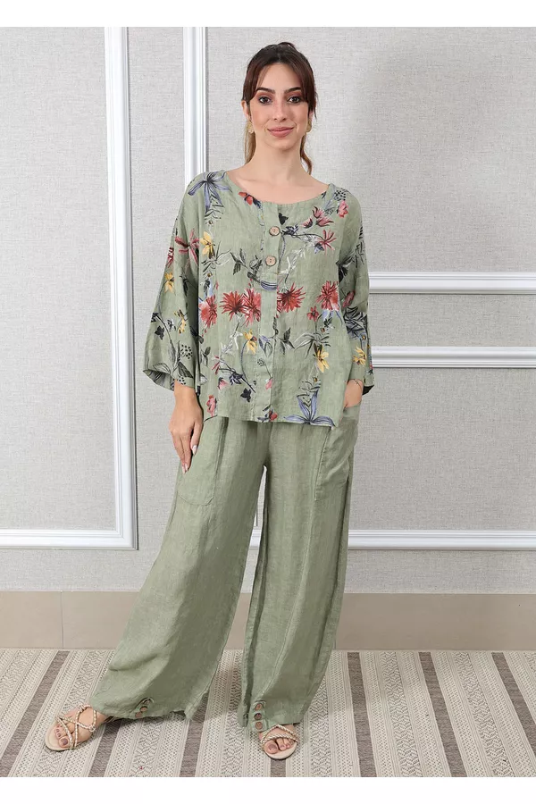 Conjunto Pamela Linho Italiano Verde Militar - Loja Linho Italiano