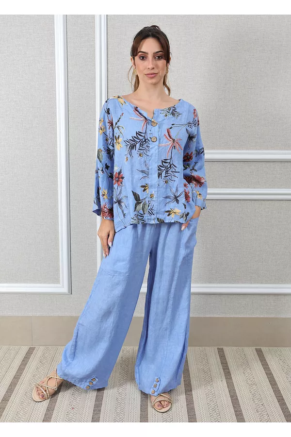 Conjunto Pamela Linho Italiano Azul Hortência - Loja Linho Italiano
