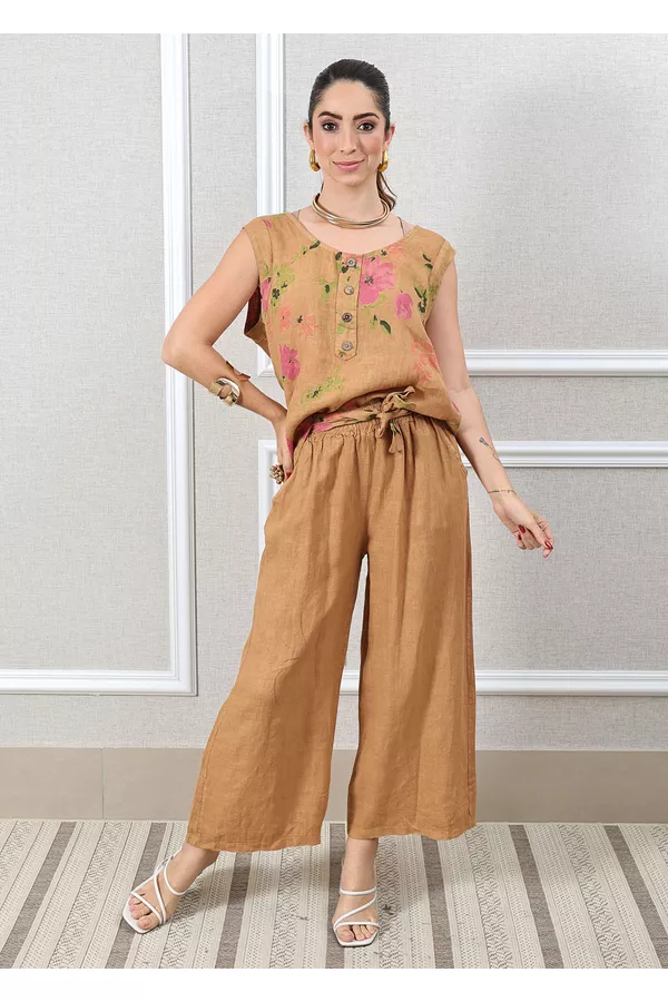 Conjunto Rebeca Linho Italiano Caramelo - Loja Linho Italiano
