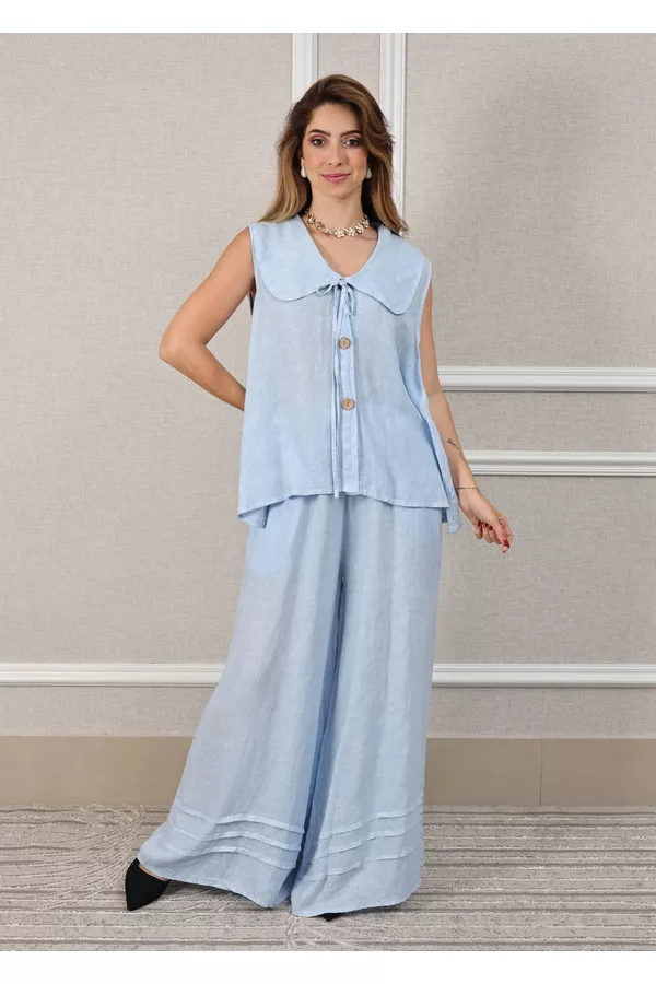 Conjunto Manuela Linho Italiano Azul Bebe - Loja Linho Italiano