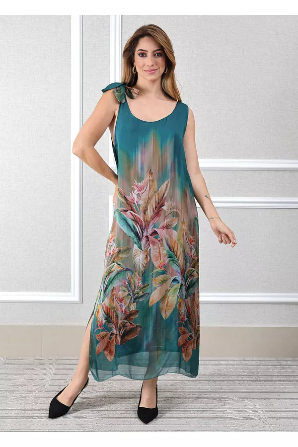 Vestido Luna Seda Italiana Petróleo - Loja Linho Italiano