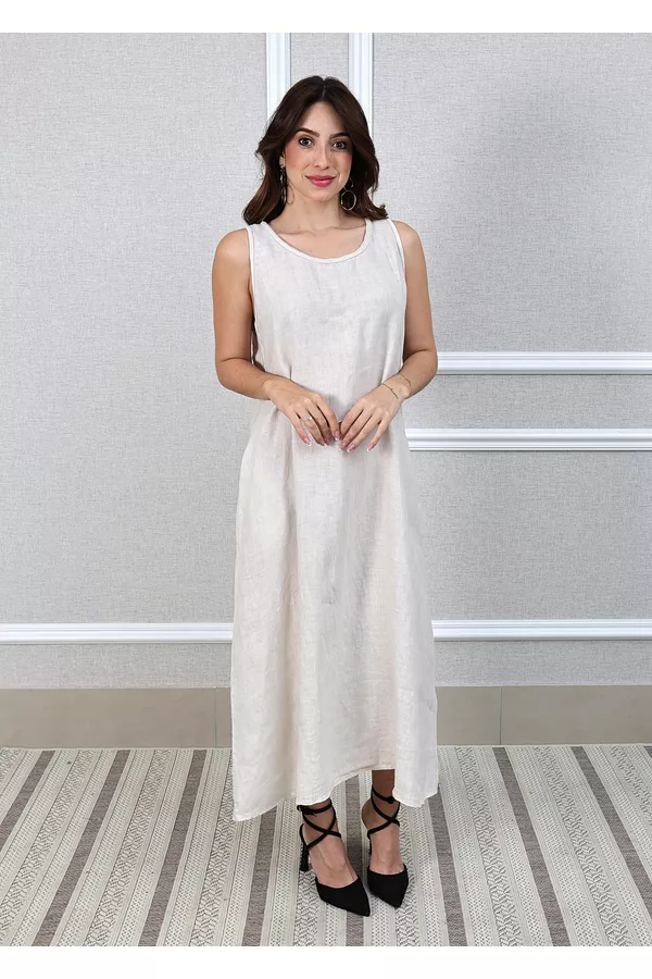 Vestido Eliane Linho Italiano Bege - Loja Linho Italiano