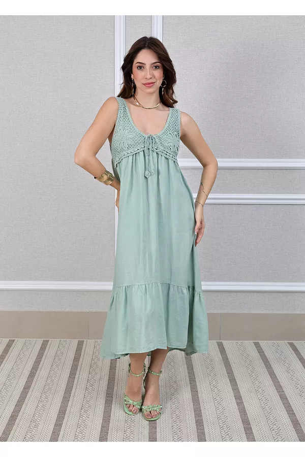 Vestido Barbara Linho Italiano Verde Água - Loja Linho Italiano