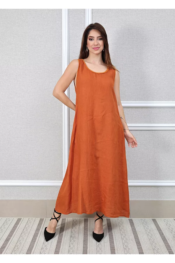 Vestido Eliane Linho Italiano Terracota - Loja Linho Italiano