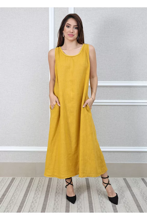 Vestido Eliane Linho Italiano Mostarda - Loja Linho Italiano