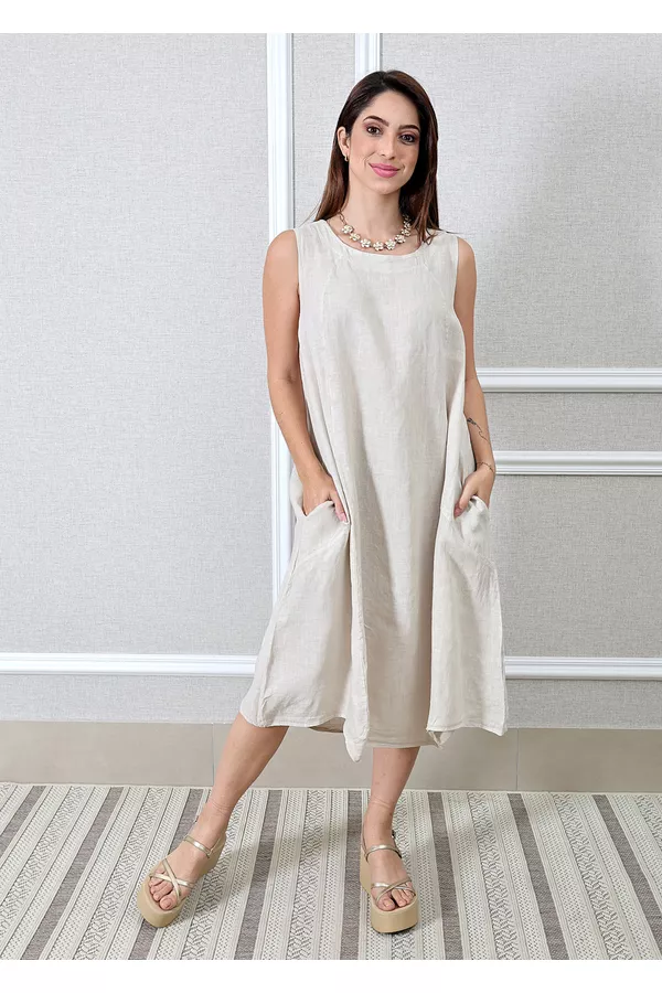 Vestido Analu Linho Italiano Bege - Loja Linho Italiano