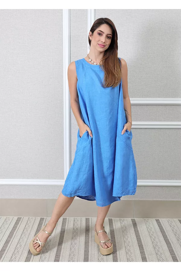 Vestido Analu Linho Italiano Azul Royal - Loja Linho Italiano