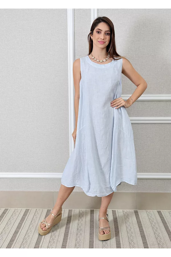 Vestido Analu Linho Italiano Azul Bebe - Loja Linho Italiano