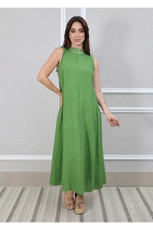 Vestido Maria Linho Italiano Verde Pistache - Loja Linho Italiano
