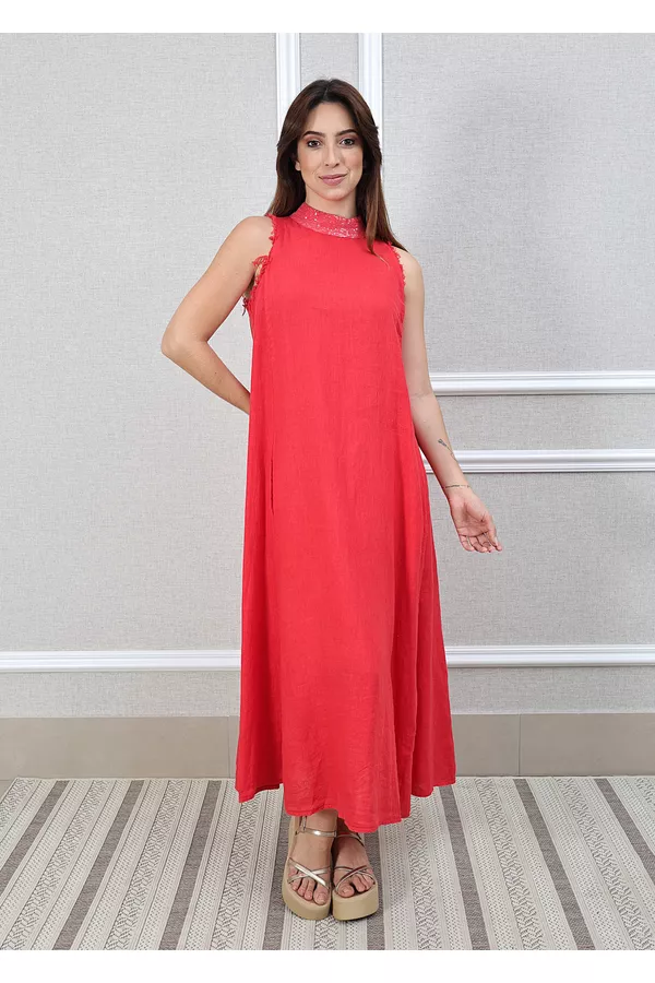 Vestido Maria Linho Italiano Vermelho - Loja Linho Italiano