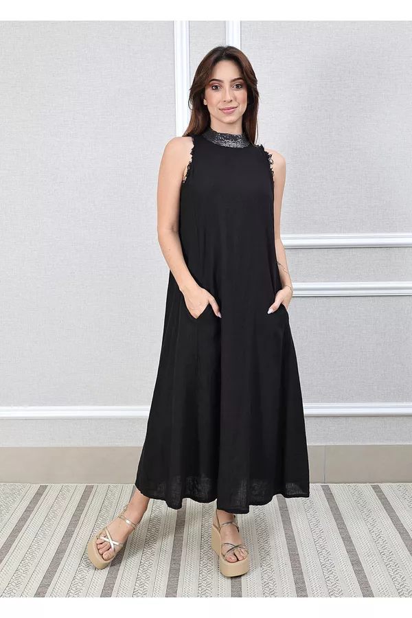 Vestido Maria Linho Italiano Preto - Loja Linho Italiano