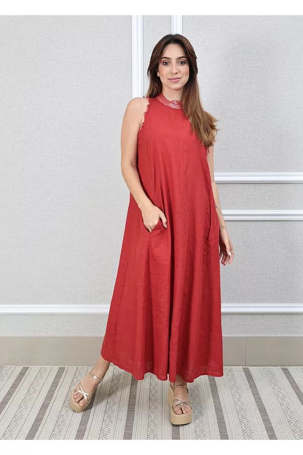 Vestido Maria Linho Italiano Terracota - Loja Linho Italiano