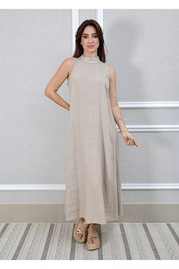 Vestido Maria Linho Italiano Bege - Loja Linho Italiano