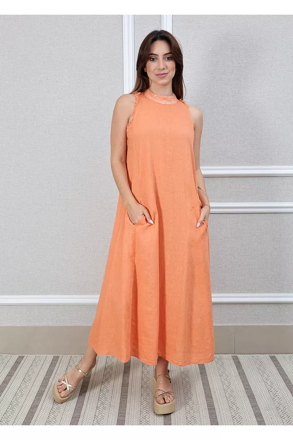 Vestido Maria Linho Italiano Pêssego - Loja Linho Italiano