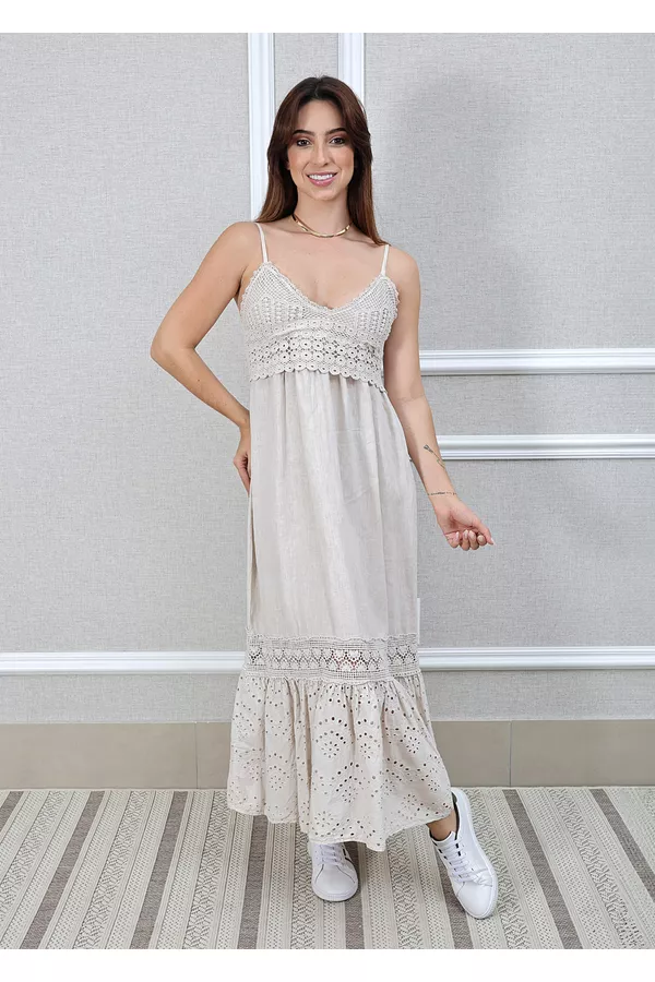 Vestido Francesca Linho Italiano Bege - Loja Linho Italiano