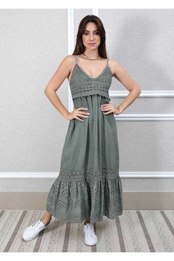 Vestido Francesca Linho Italiano Verde Militar - Loja Linho Italiano