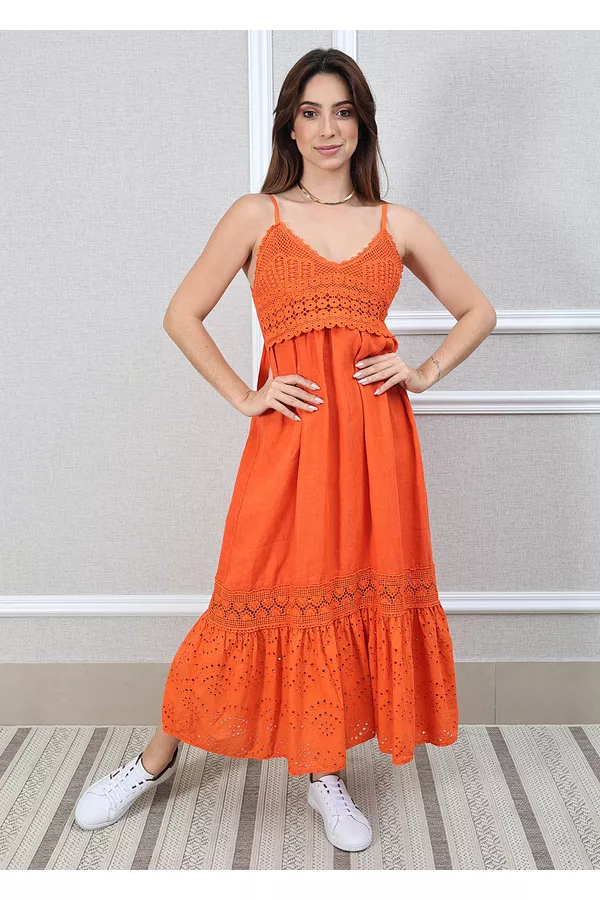 Vestido Francesca Linho Italiano Laranja - Loja Linho Italiano