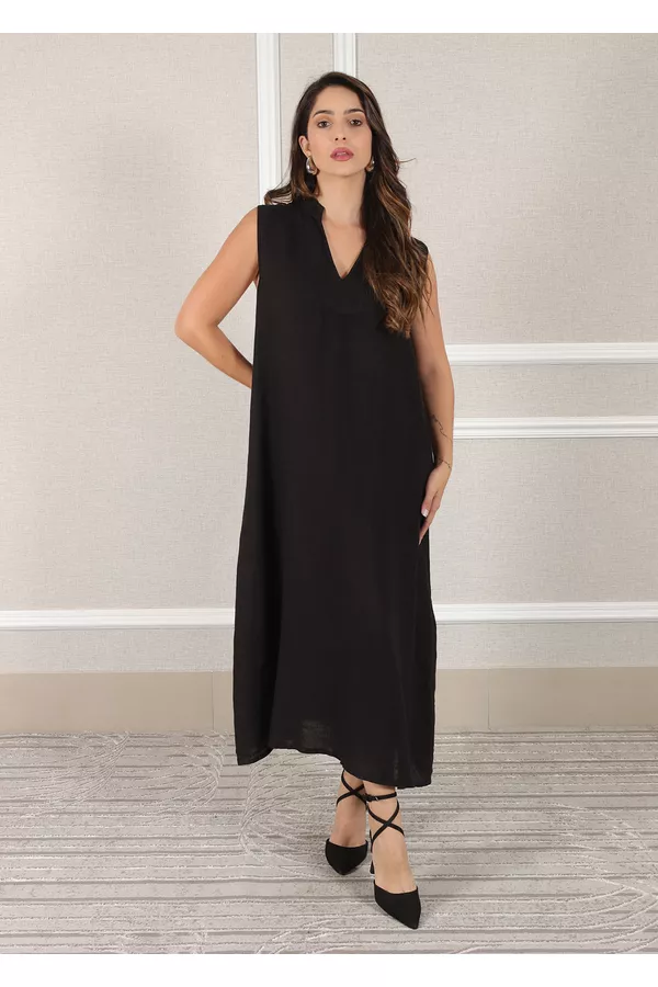 Vestido Luana Linho Italiano Preto - Loja Linho Italiano