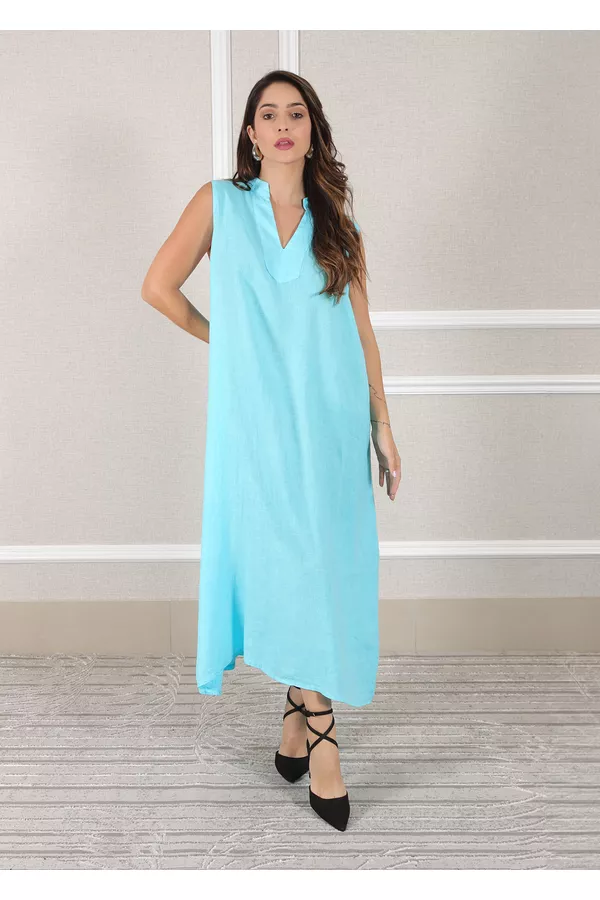Vestido Luana Linho Italiano Azul Turquesa - Loja Linho Italiano