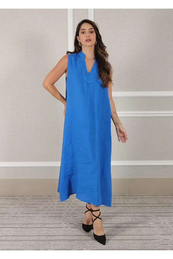 Vestido Luana Linho Italiano Azul Royal - Loja Linho Italiano