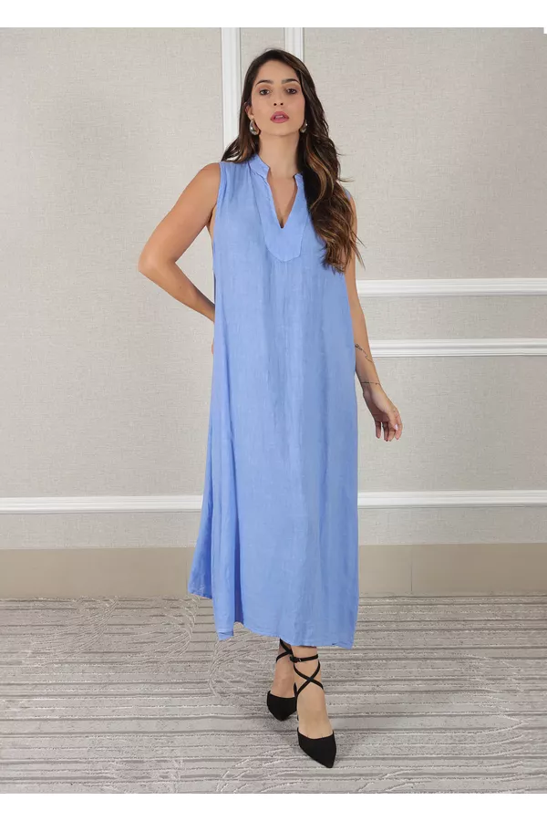 Vestido Luana Linho Italiano Azul Hortênsia - Loja Linho Italiano